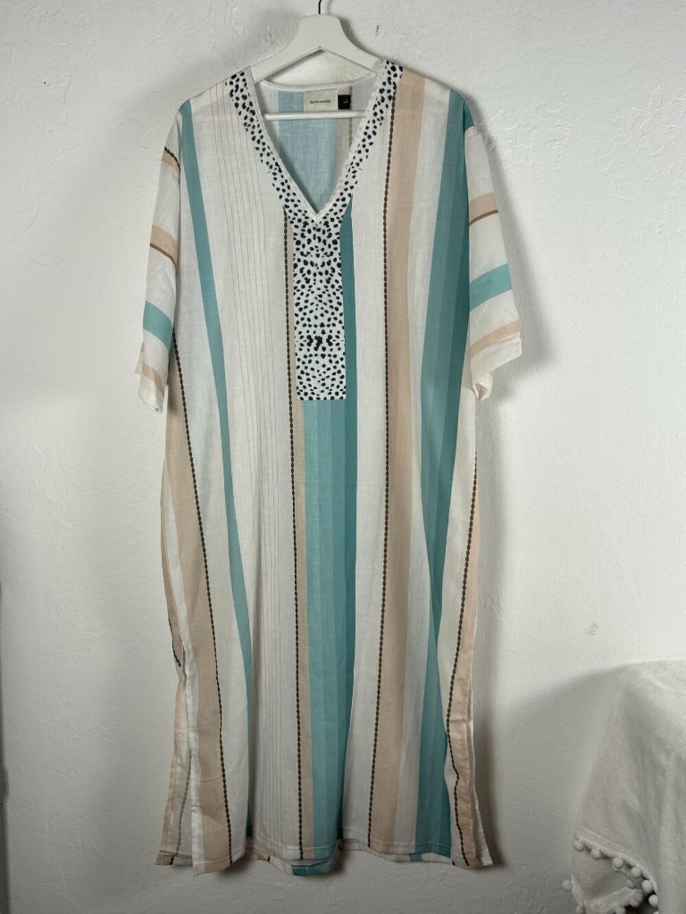 Bonne Journée Womens Striped V-Neck Midi Kaftan Dress Large White Tan Casual